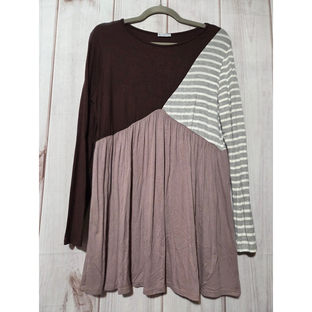 Egy California Women XL Colorblock Striped Long Sleeve Tunic Top Brown Mauve